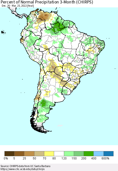 South America Percent of Normal Precipitation 3-Month (CHIRPS) Thematic Map For 12/26/2021 - 3/25/2022