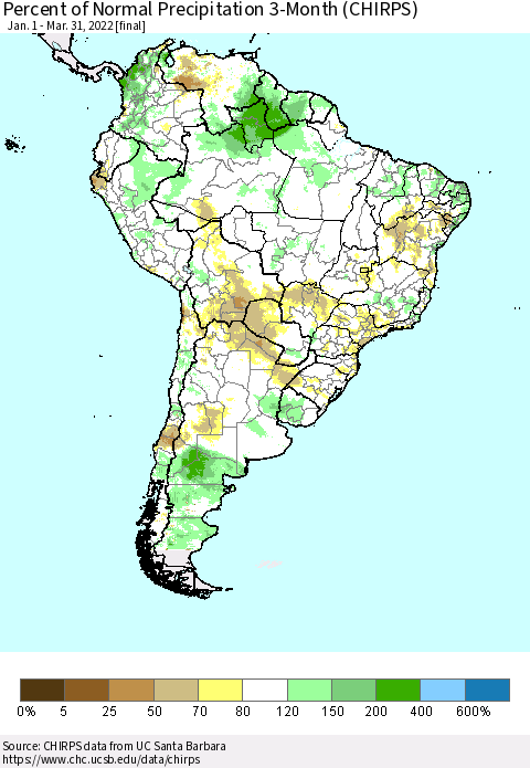South America Percent of Normal Precipitation 3-Month (CHIRPS) Thematic Map For 1/1/2022 - 3/31/2022