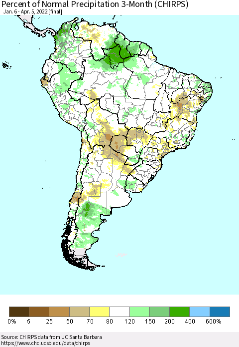 South America Percent of Normal Precipitation 3-Month (CHIRPS) Thematic Map For 1/6/2022 - 4/5/2022