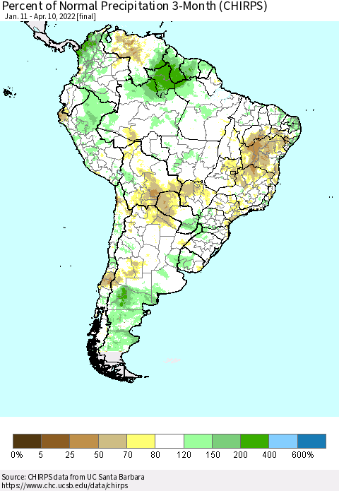 South America Percent of Normal Precipitation 3-Month (CHIRPS) Thematic Map For 1/11/2022 - 4/10/2022
