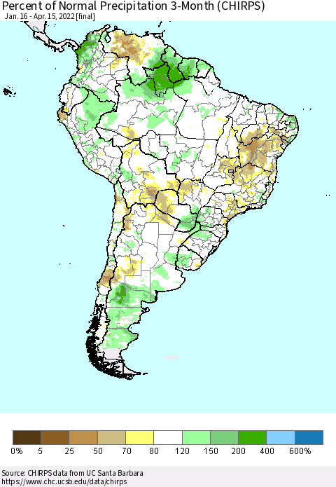 South America Percent of Normal Precipitation 3-Month (CHIRPS) Thematic Map For 1/16/2022 - 4/15/2022