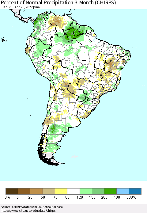 South America Percent of Normal Precipitation 3-Month (CHIRPS) Thematic Map For 1/21/2022 - 4/20/2022