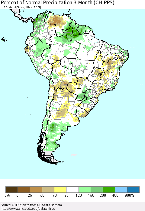 South America Percent of Normal Precipitation 3-Month (CHIRPS) Thematic Map For 1/26/2022 - 4/25/2022