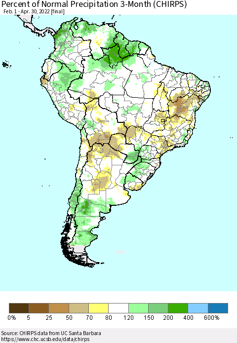 South America Percent of Normal Precipitation 3-Month (CHIRPS) Thematic Map For 2/1/2022 - 4/30/2022