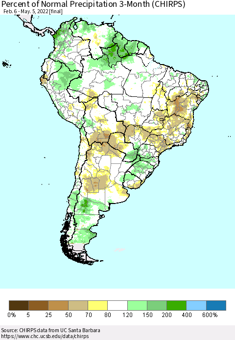 South America Percent of Normal Precipitation 3-Month (CHIRPS) Thematic Map For 2/6/2022 - 5/5/2022