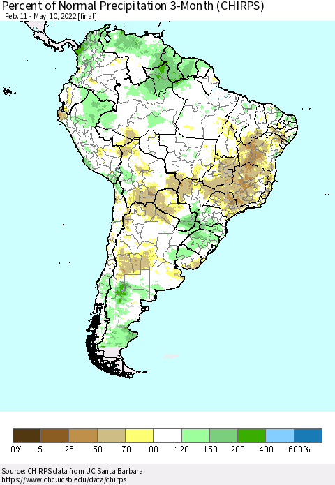 South America Percent of Normal Precipitation 3-Month (CHIRPS) Thematic Map For 2/11/2022 - 5/10/2022