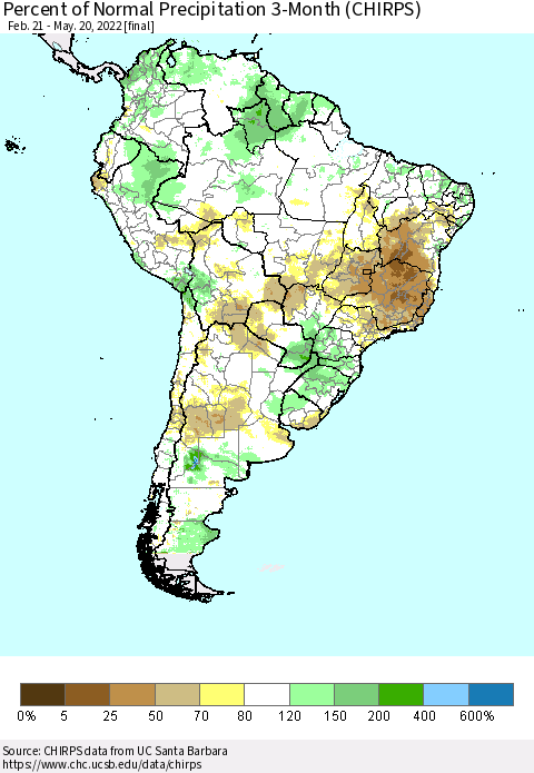 South America Percent of Normal Precipitation 3-Month (CHIRPS) Thematic Map For 2/21/2022 - 5/20/2022