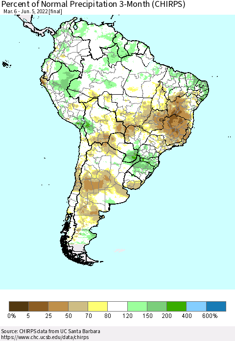 South America Percent of Normal Precipitation 3-Month (CHIRPS) Thematic Map For 3/6/2022 - 6/5/2022
