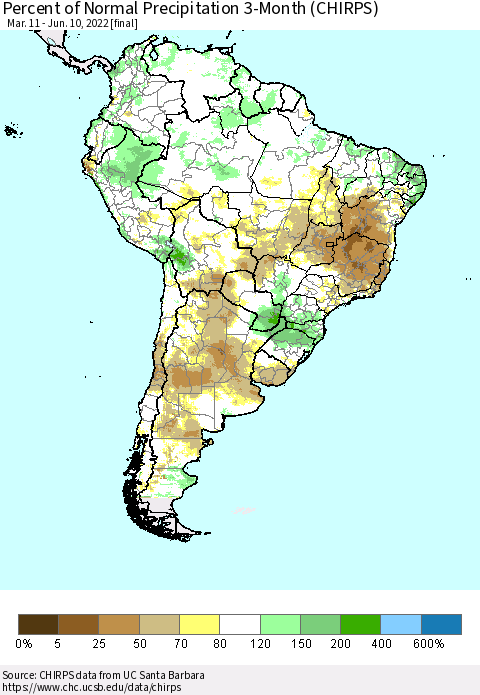 South America Percent of Normal Precipitation 3-Month (CHIRPS) Thematic Map For 3/11/2022 - 6/10/2022