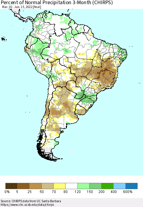 South America Percent of Normal Precipitation 3-Month (CHIRPS) Thematic Map For 3/16/2022 - 6/15/2022