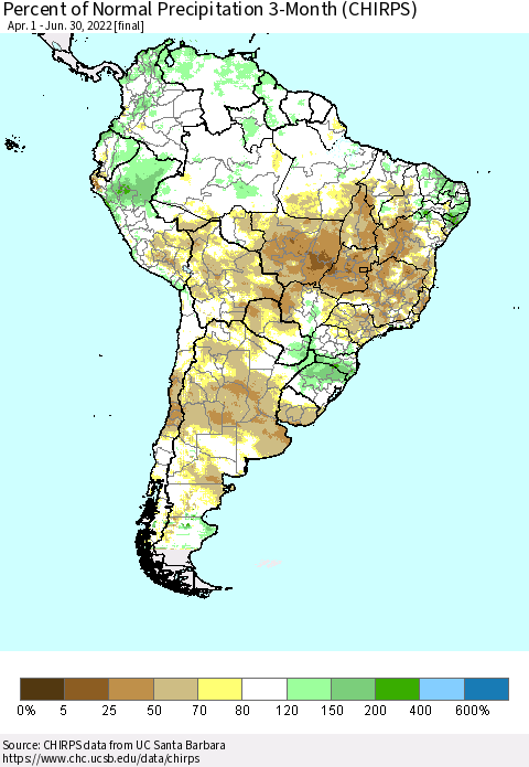 South America Percent of Normal Precipitation 3-Month (CHIRPS) Thematic Map For 4/1/2022 - 6/30/2022