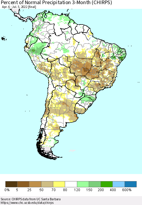 South America Percent of Normal Precipitation 3-Month (CHIRPS) Thematic Map For 4/6/2022 - 7/5/2022