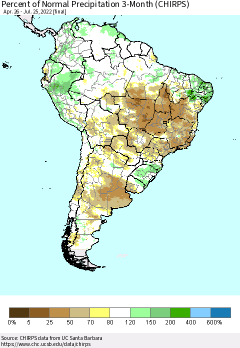 South America Percent of Normal Precipitation 3-Month (CHIRPS) Thematic Map For 4/26/2022 - 7/25/2022