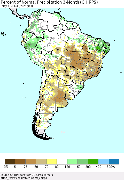 South America Percent of Normal Precipitation 3-Month (CHIRPS) Thematic Map For 5/1/2022 - 7/31/2022