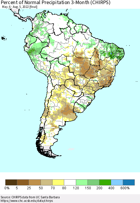 South America Percent of Normal Precipitation 3-Month (CHIRPS) Thematic Map For 5/6/2022 - 8/5/2022