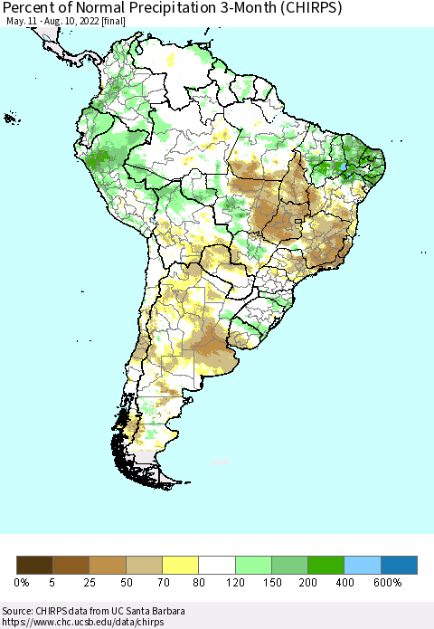 South America Percent of Normal Precipitation 3-Month (CHIRPS) Thematic Map For 5/11/2022 - 8/10/2022