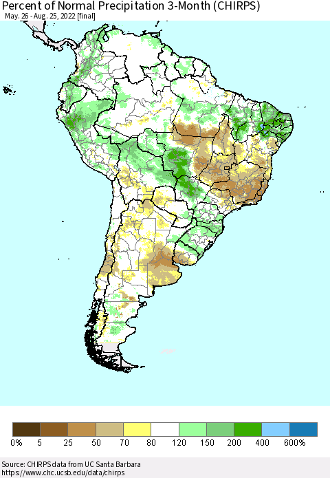 South America Percent of Normal Precipitation 3-Month (CHIRPS) Thematic Map For 5/26/2022 - 8/25/2022