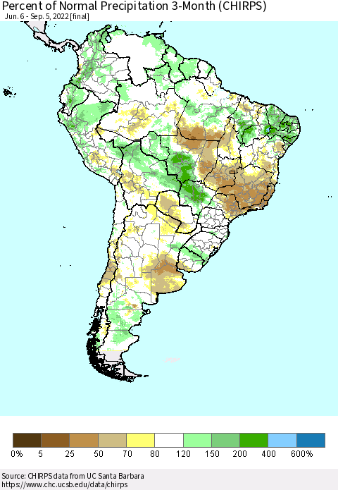 South America Percent of Normal Precipitation 3-Month (CHIRPS) Thematic Map For 6/6/2022 - 9/5/2022