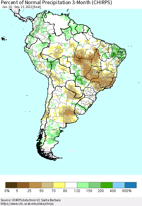 South America Percent of Normal Precipitation 3-Month (CHIRPS) Thematic Map For 6/16/2022 - 9/15/2022