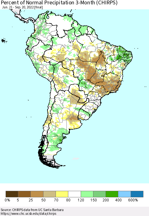 South America Percent of Normal Precipitation 3-Month (CHIRPS) Thematic Map For 6/21/2022 - 9/20/2022