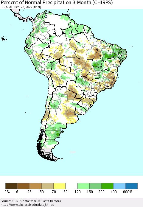 South America Percent of Normal Precipitation 3-Month (CHIRPS) Thematic Map For 6/26/2022 - 9/25/2022
