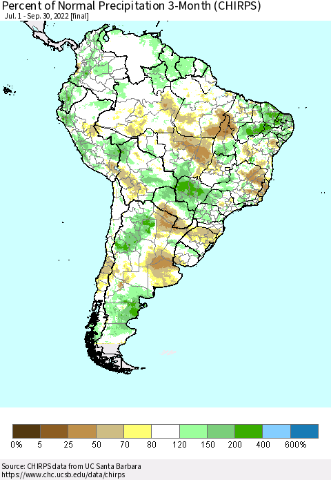 South America Percent of Normal Precipitation 3-Month (CHIRPS) Thematic Map For 7/1/2022 - 9/30/2022