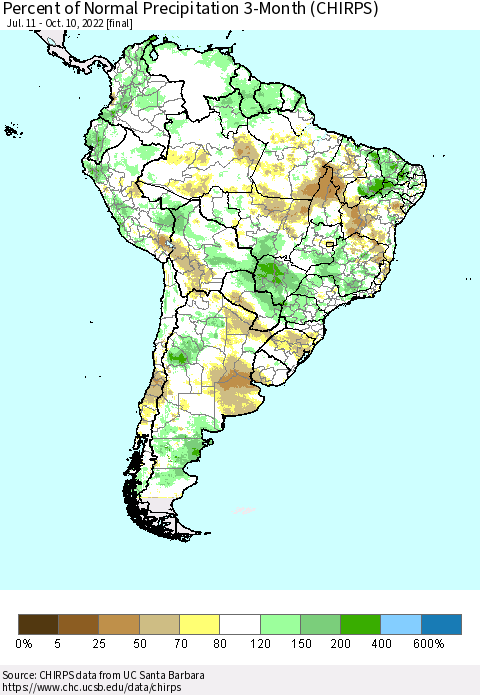 South America Percent of Normal Precipitation 3-Month (CHIRPS) Thematic Map For 7/11/2022 - 10/10/2022