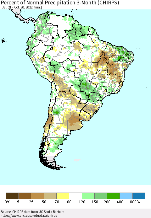 South America Percent of Normal Precipitation 3-Month (CHIRPS) Thematic Map For 7/21/2022 - 10/20/2022