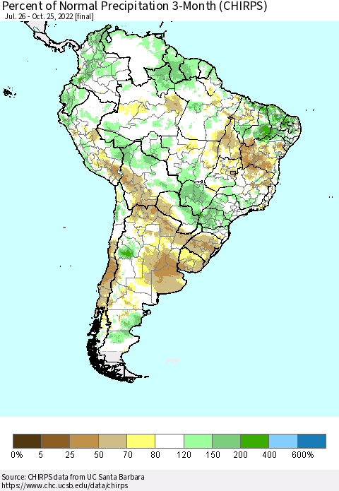South America Percent of Normal Precipitation 3-Month (CHIRPS) Thematic Map For 7/26/2022 - 10/25/2022
