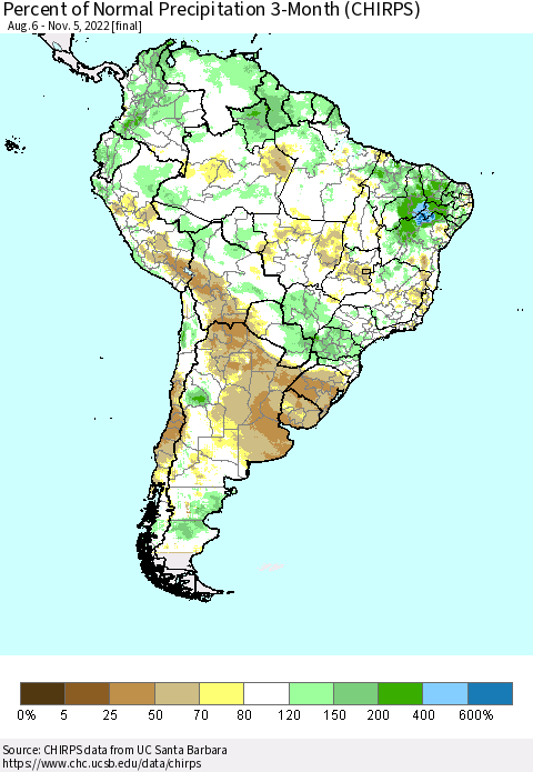 South America Percent of Normal Precipitation 3-Month (CHIRPS) Thematic Map For 8/6/2022 - 11/5/2022