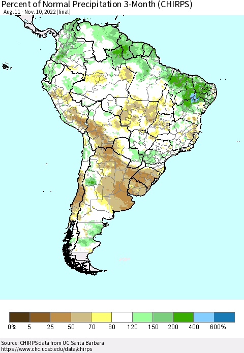 South America Percent of Normal Precipitation 3-Month (CHIRPS) Thematic Map For 8/11/2022 - 11/10/2022