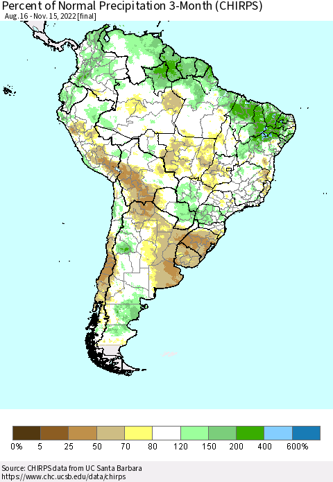South America Percent of Normal Precipitation 3-Month (CHIRPS) Thematic Map For 8/16/2022 - 11/15/2022