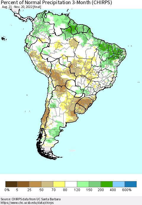South America Percent of Normal Precipitation 3-Month (CHIRPS) Thematic Map For 8/21/2022 - 11/20/2022