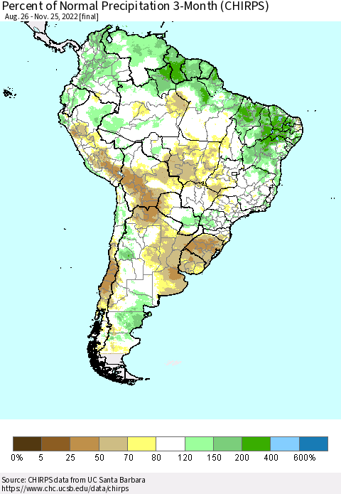 South America Percent of Normal Precipitation 3-Month (CHIRPS) Thematic Map For 8/26/2022 - 11/25/2022