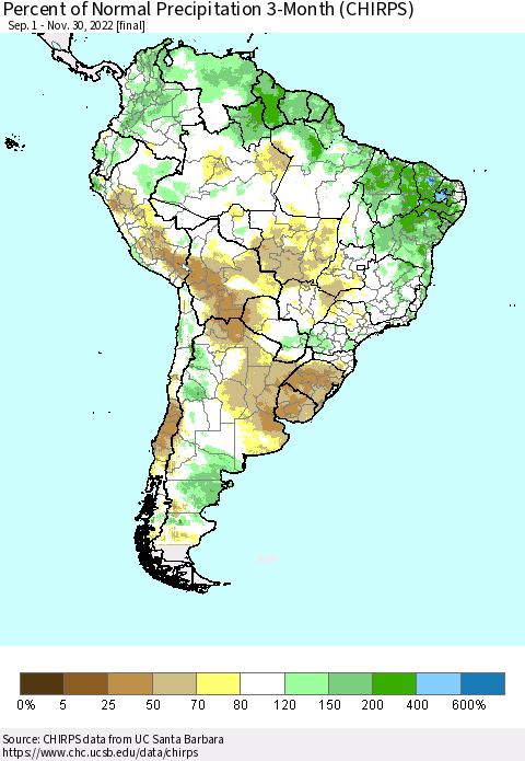 South America Percent of Normal Precipitation 3-Month (CHIRPS) Thematic Map For 9/1/2022 - 11/30/2022