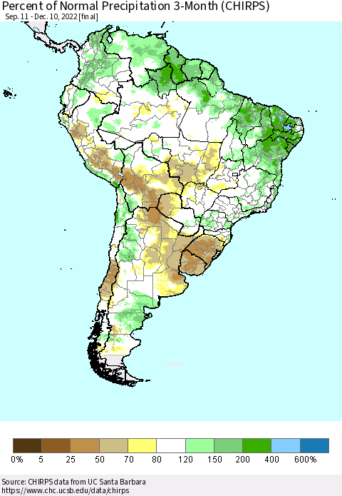South America Percent of Normal Precipitation 3-Month (CHIRPS) Thematic Map For 9/11/2022 - 12/10/2022
