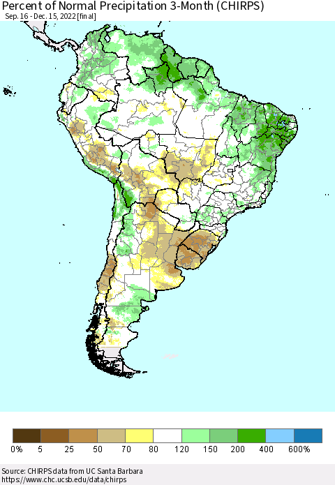 South America Percent of Normal Precipitation 3-Month (CHIRPS) Thematic Map For 9/16/2022 - 12/15/2022