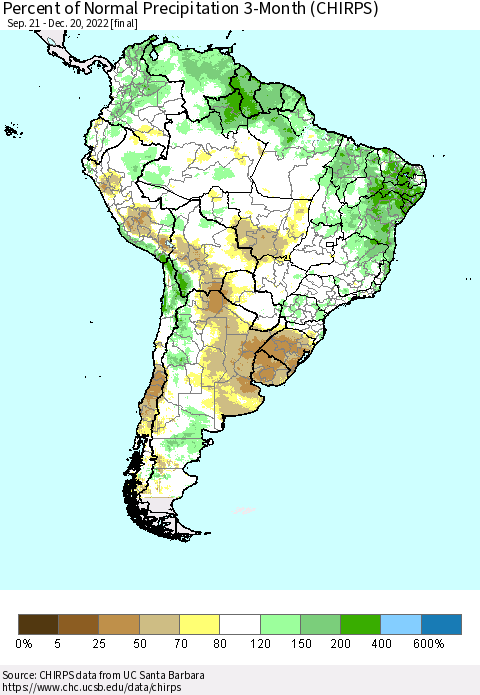 South America Percent of Normal Precipitation 3-Month (CHIRPS) Thematic Map For 9/21/2022 - 12/20/2022