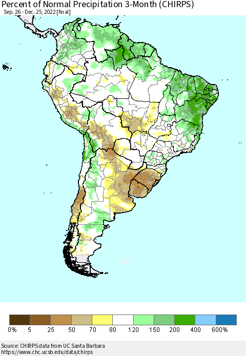 South America Percent of Normal Precipitation 3-Month (CHIRPS) Thematic Map For 9/26/2022 - 12/25/2022