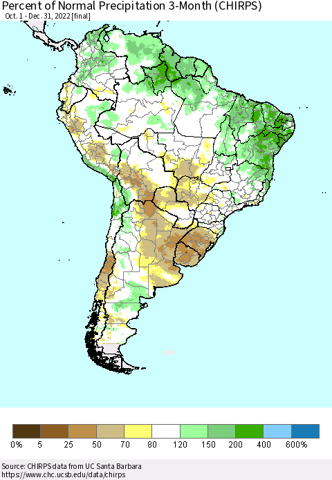 South America Percent of Normal Precipitation 3-Month (CHIRPS) Thematic Map For 10/1/2022 - 12/31/2022