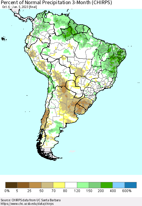 South America Percent of Normal Precipitation 3-Month (CHIRPS) Thematic Map For 10/6/2022 - 1/5/2023