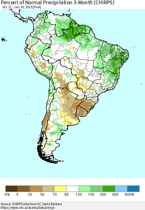 South America Percent of Normal Precipitation 3-Month (CHIRPS) Thematic Map For 10/11/2022 - 1/10/2023