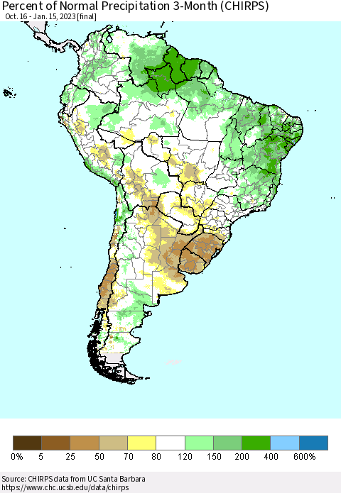 South America Percent of Normal Precipitation 3-Month (CHIRPS) Thematic Map For 10/16/2022 - 1/15/2023