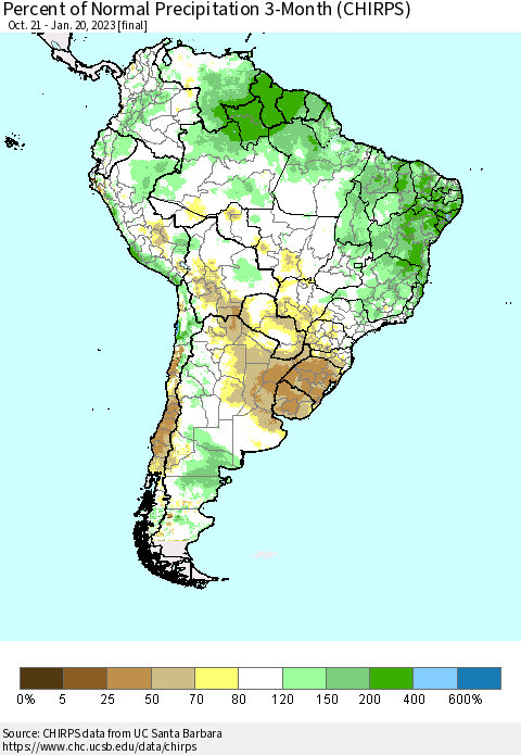 South America Percent of Normal Precipitation 3-Month (CHIRPS) Thematic Map For 10/21/2022 - 1/20/2023