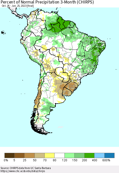 South America Percent of Normal Precipitation 3-Month (CHIRPS) Thematic Map For 10/26/2022 - 1/25/2023