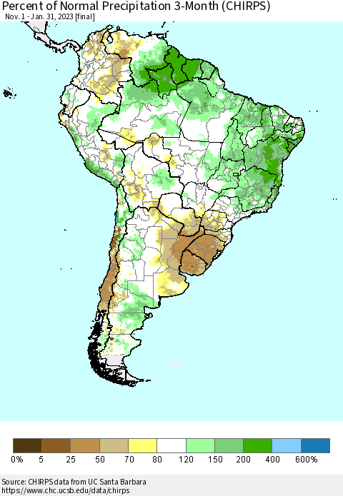 South America Percent of Normal Precipitation 3-Month (CHIRPS) Thematic Map For 11/1/2022 - 1/31/2023
