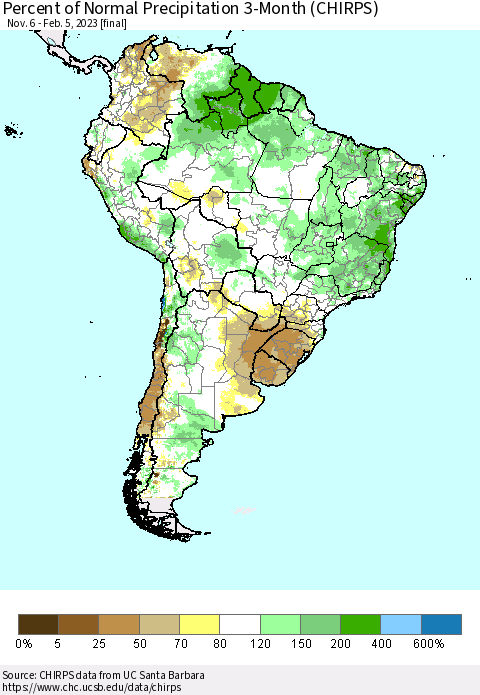 South America Percent of Normal Precipitation 3-Month (CHIRPS) Thematic Map For 11/6/2022 - 2/5/2023