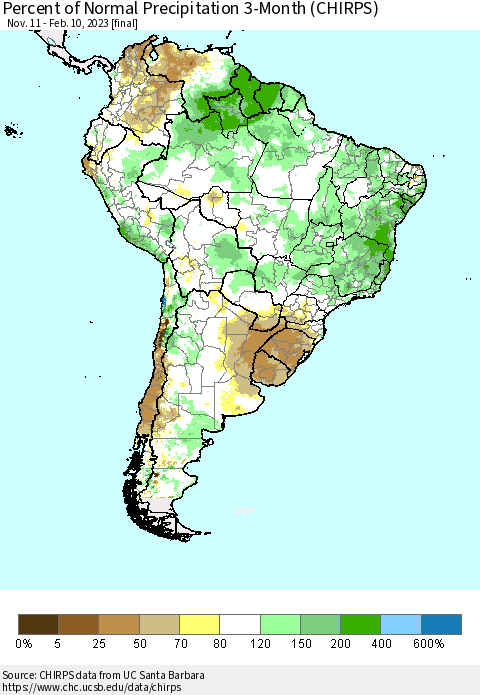 South America Percent of Normal Precipitation 3-Month (CHIRPS) Thematic Map For 11/11/2022 - 2/10/2023