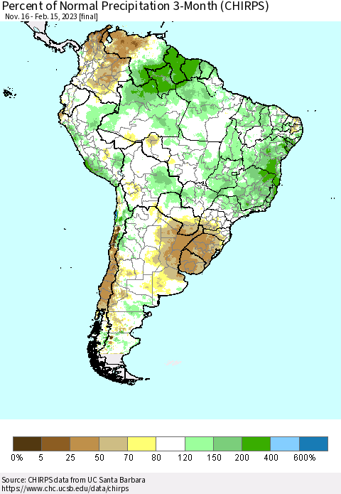 South America Percent of Normal Precipitation 3-Month (CHIRPS) Thematic Map For 11/16/2022 - 2/15/2023