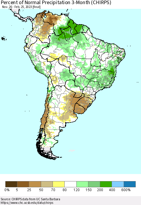 South America Percent of Normal Precipitation 3-Month (CHIRPS) Thematic Map For 11/26/2022 - 2/25/2023
